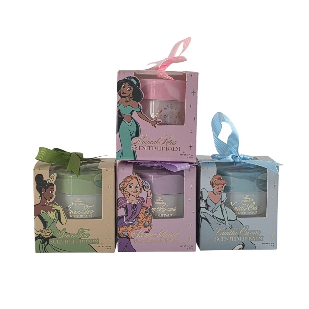 4 Disney Princess Scented Lip Balm Set Jasmine Rapunzel Tiana Cinderella